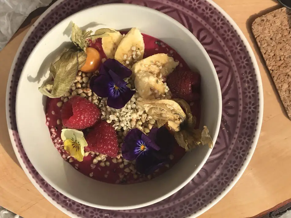 vegane smoothie-bowl mit Buchweizen - camping-fruehstueck aus dem mixer